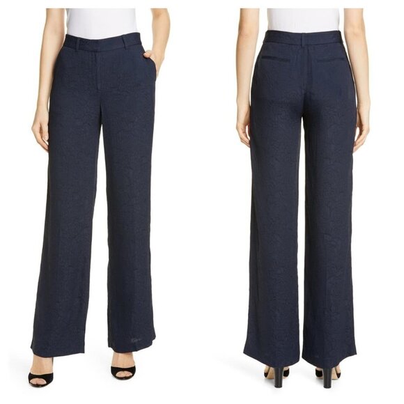 Equipment Pants - NEW Equipment 10 Arwen Floral Jacquard Navy Blue Wide Leg Trousers Pants
